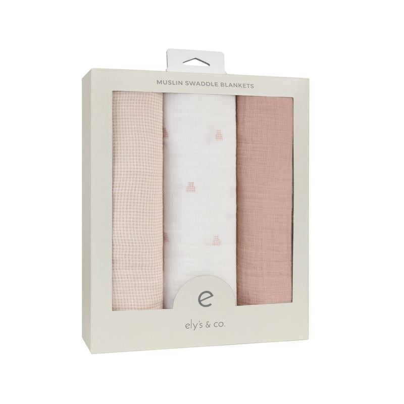 Elys & Co Gingham Bear 3 Pack Muslin Swaddles - Pink