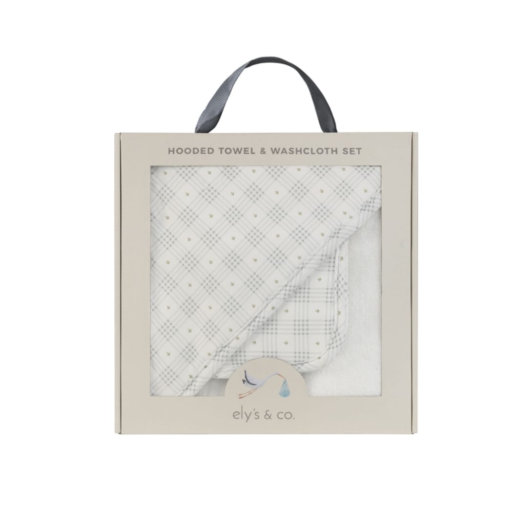 Elys & Co Floral Plaid Hooded Towel & Wash Cloth - Blue