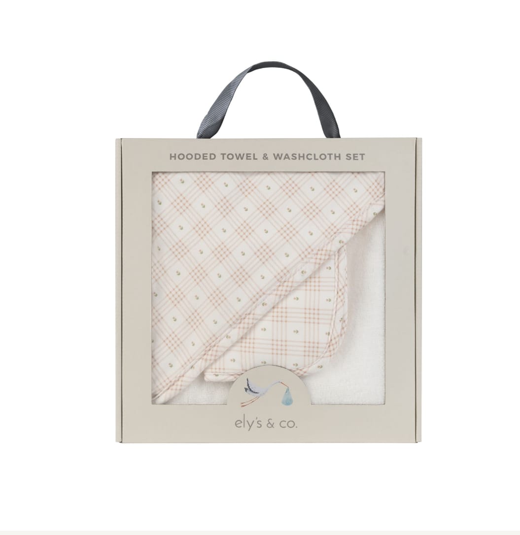 Elys & Co Floral Plaid Hooded Towel & Wash Cloth - Pink