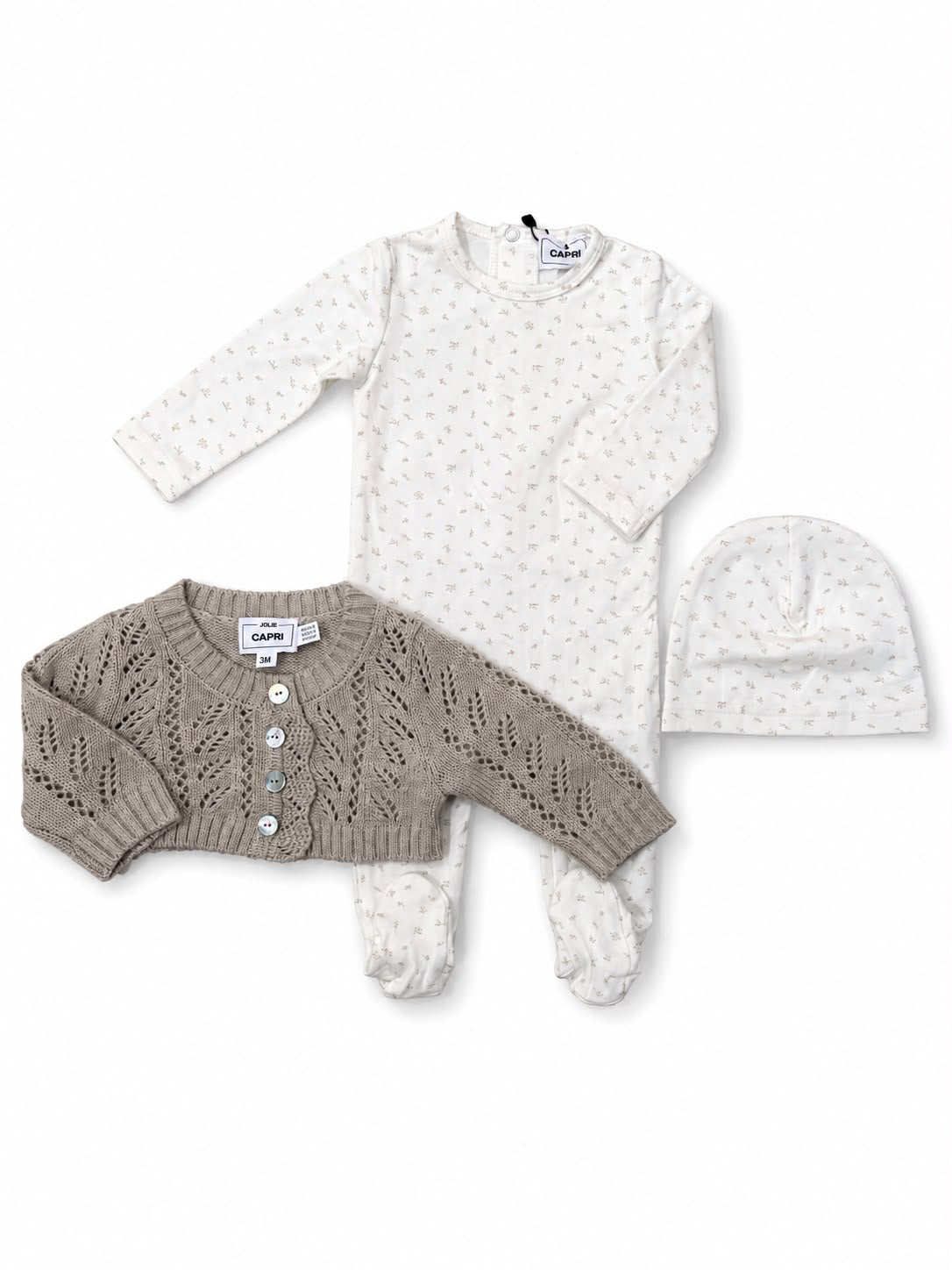 Jolie Capri Beige Printed Footie, Cardigan & Beanie