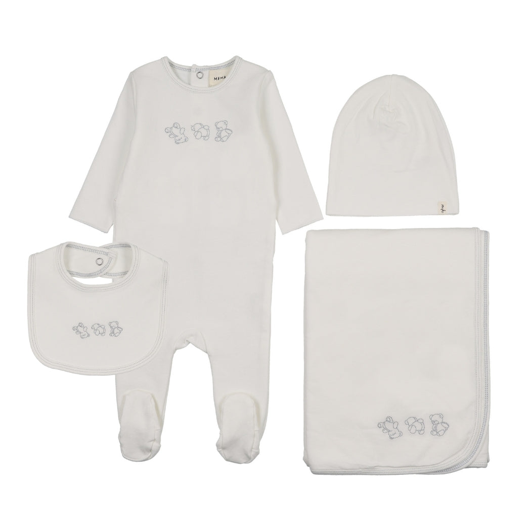 Mema Knits Embroidered Stitch Teddy Layette Set - WW/Blue