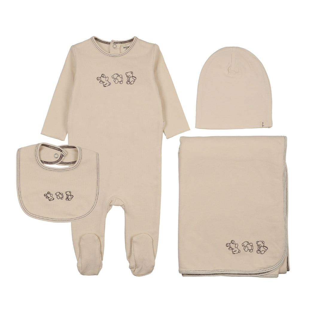 Mema Knits Embroidered Stitch Teddy Layette Set - Light Beige/Otter