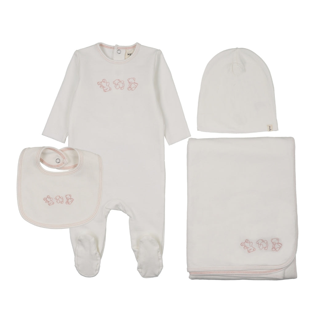 Mema Knits Embroidered Stitch Teddy Layette Set - WW/Pink