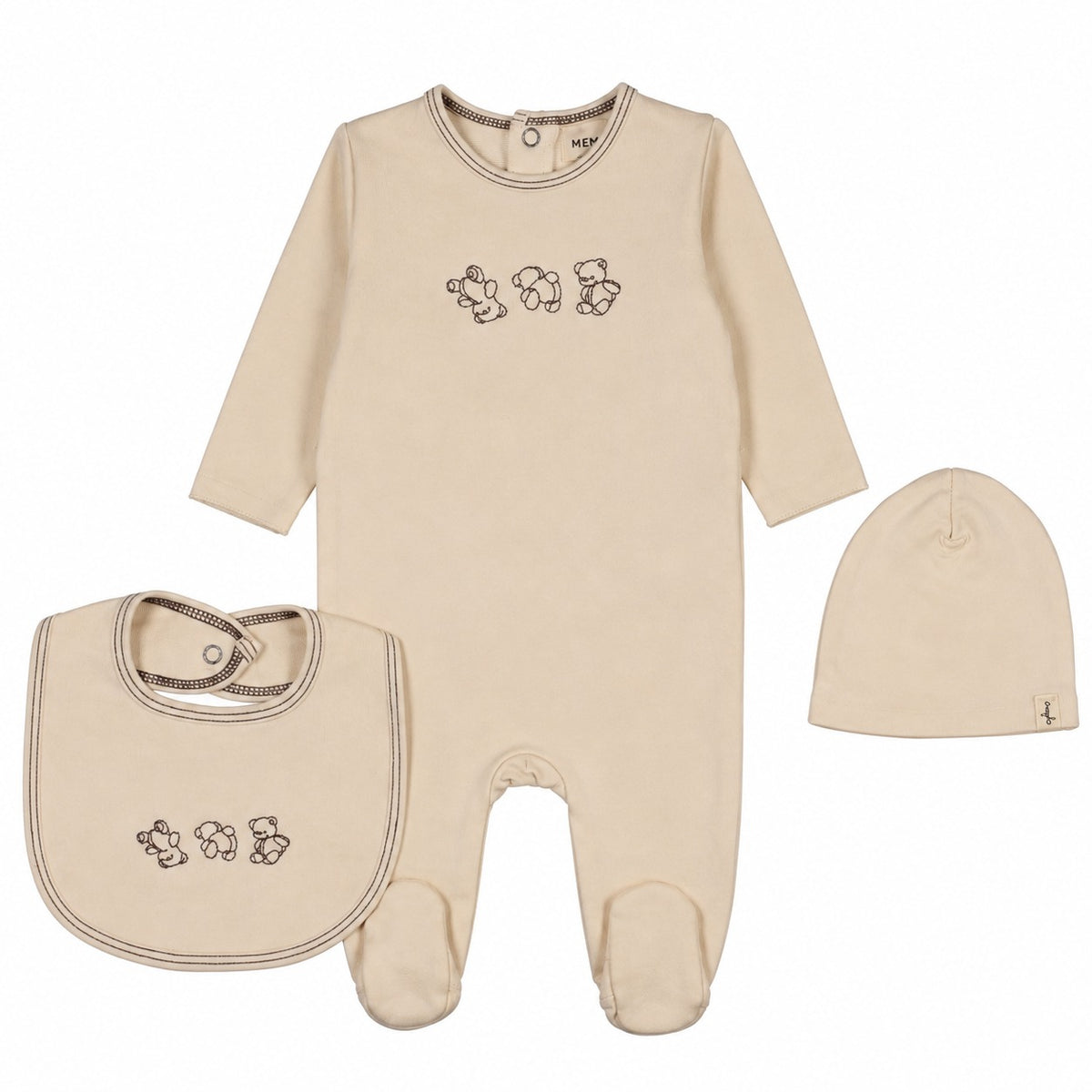 Mema Knits Embroidered Stitch Teddy Footie, Hat & Bib - Light Beige/Otter
