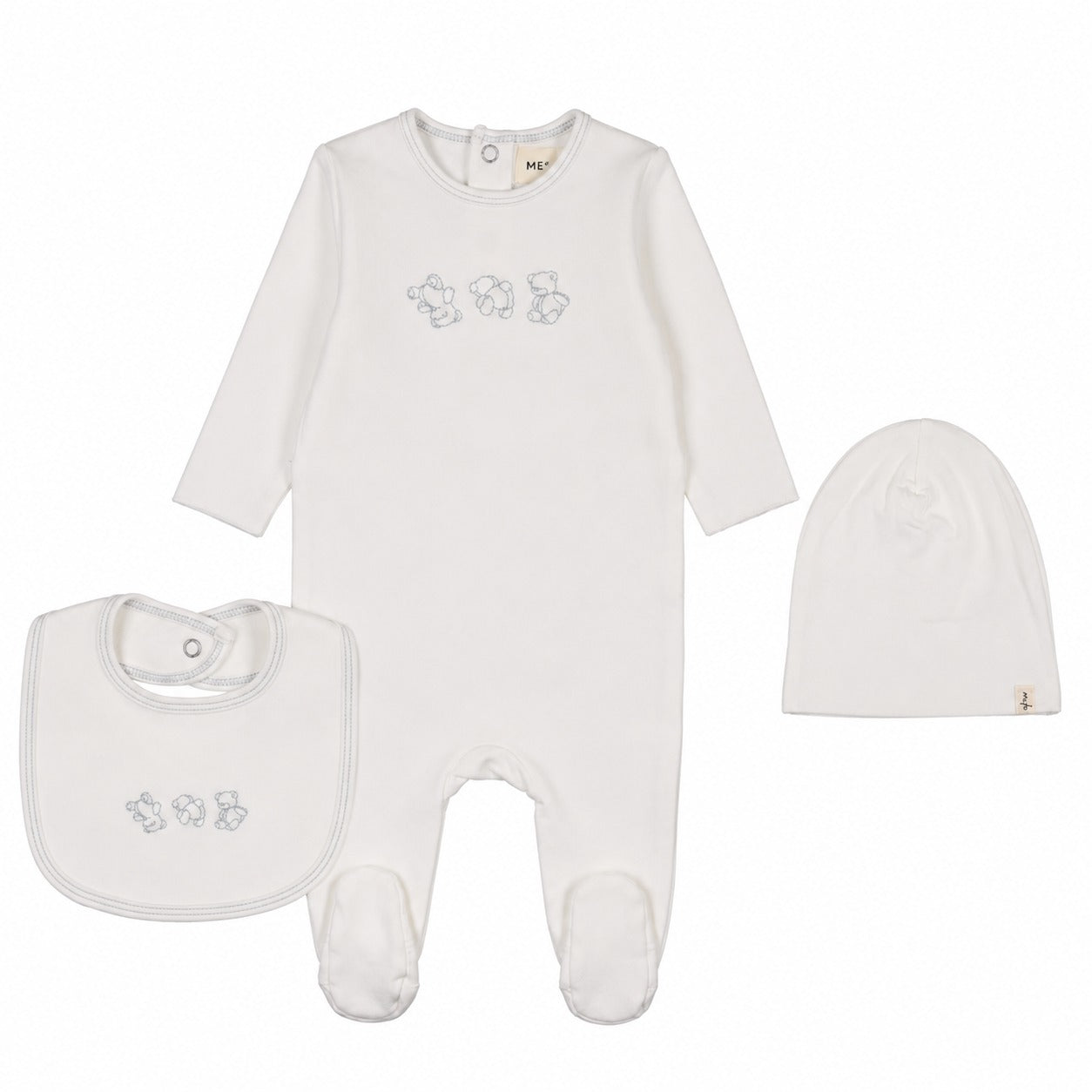 Mema Knits Embroidered Stitch Teddy Footie, Hat & Bib - WW/Blue