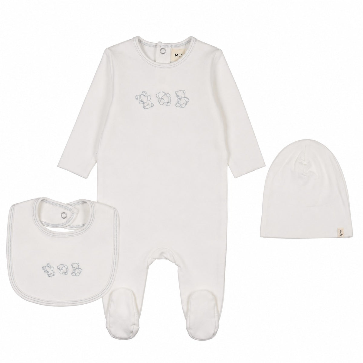 Mema Knits Embroidered Stitch Teddy Footie, Hat & Bib - WW/Blue
