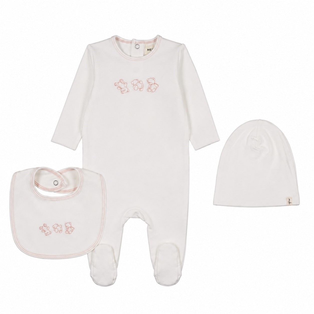 Mema Knits Embroidered Stitch Teddy Footie, Hat & Bib - WW/Pink