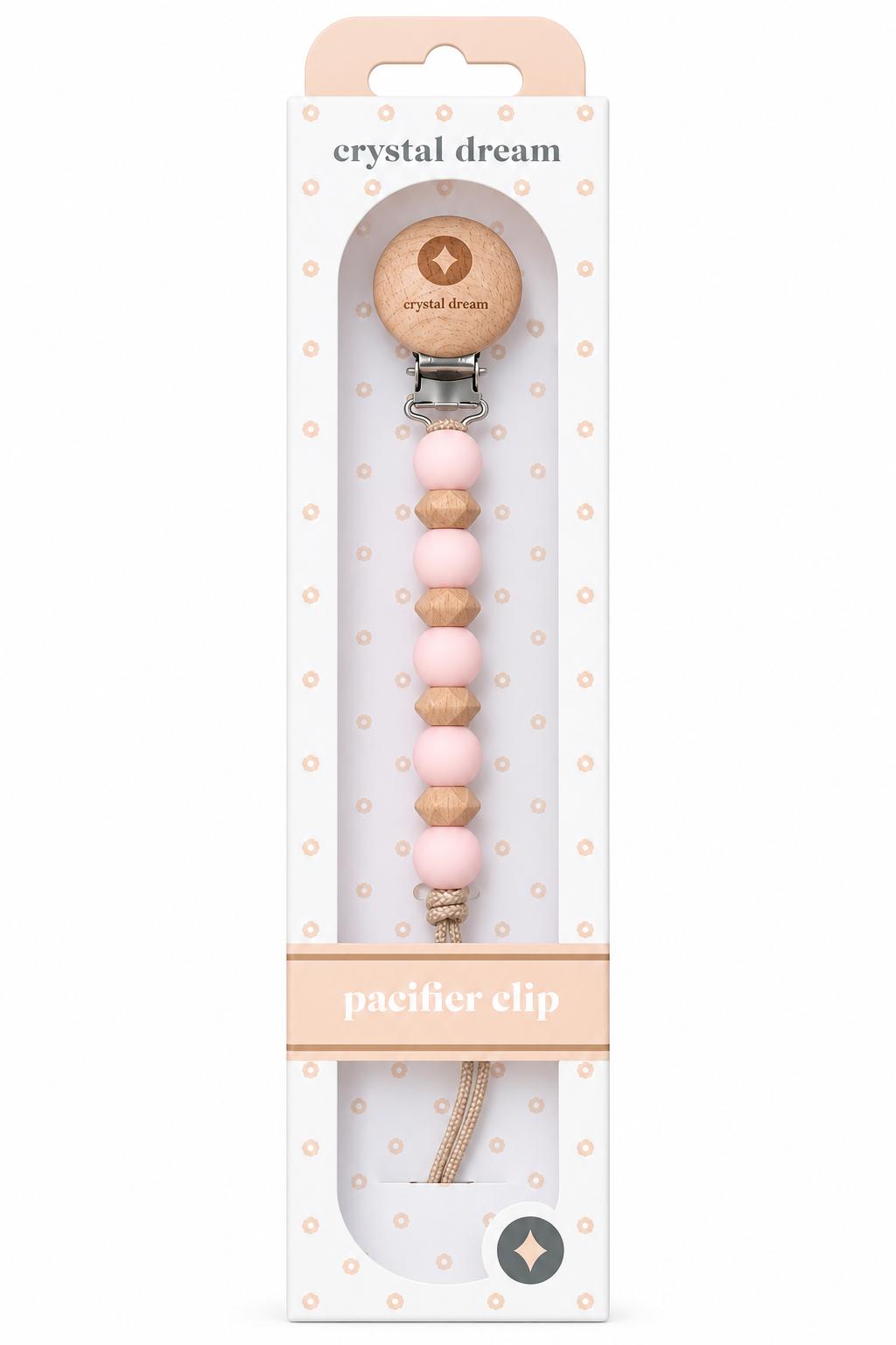 Crystal Dreams Wood & Silicone Beaded Pacifier Clip - Light Pink