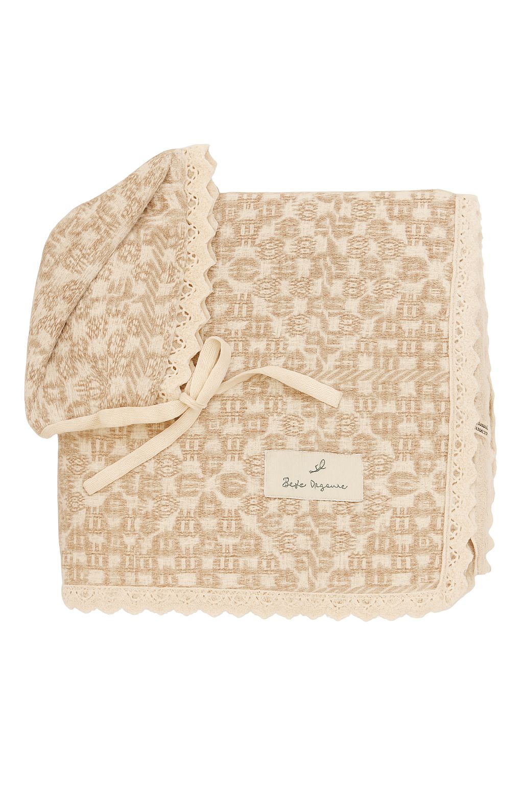 Bebe Organic Crochet Blanket & Bonnet- Taupe