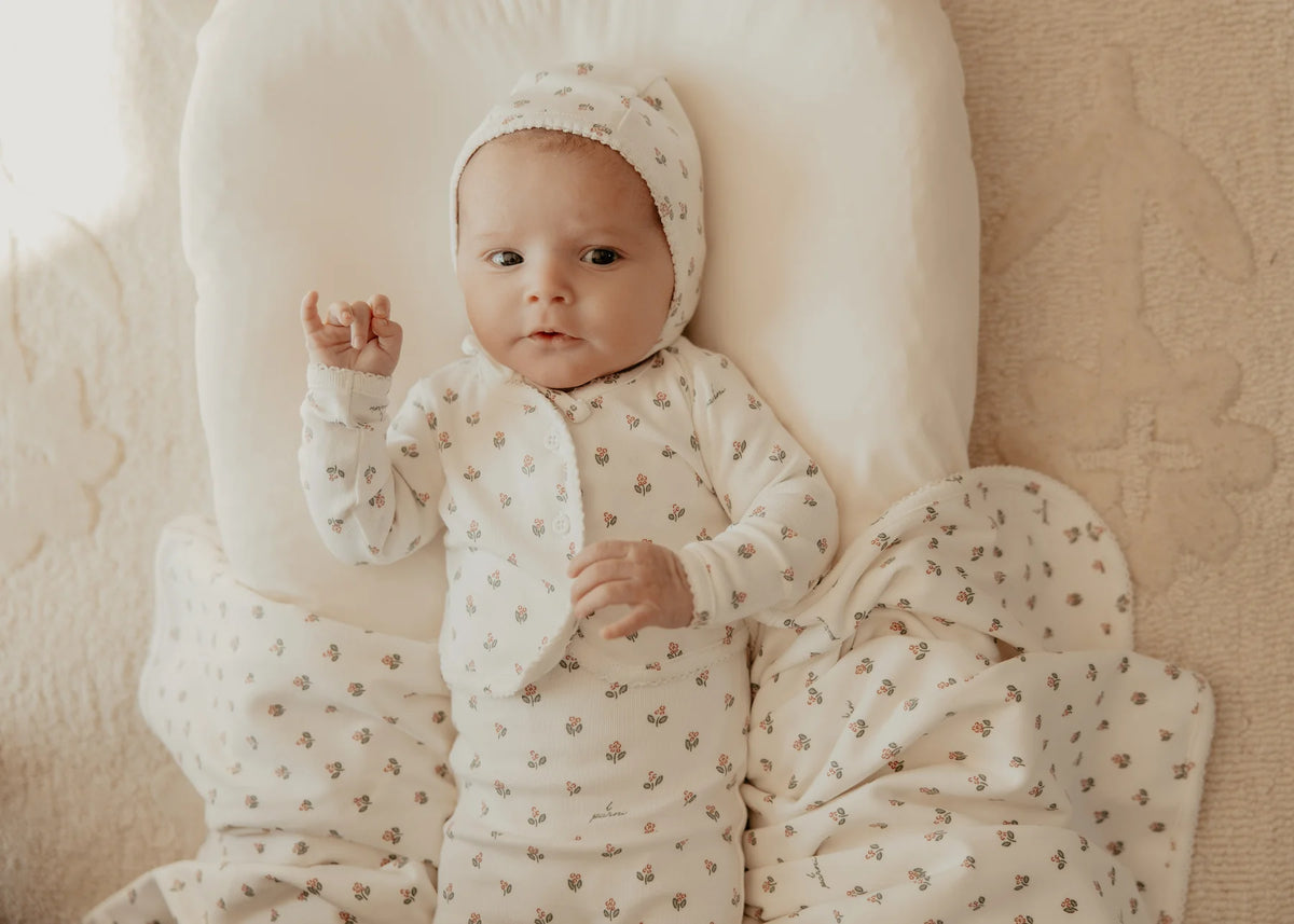 Little Parni Floral Cardigan, Footie & Bonnet - Pink