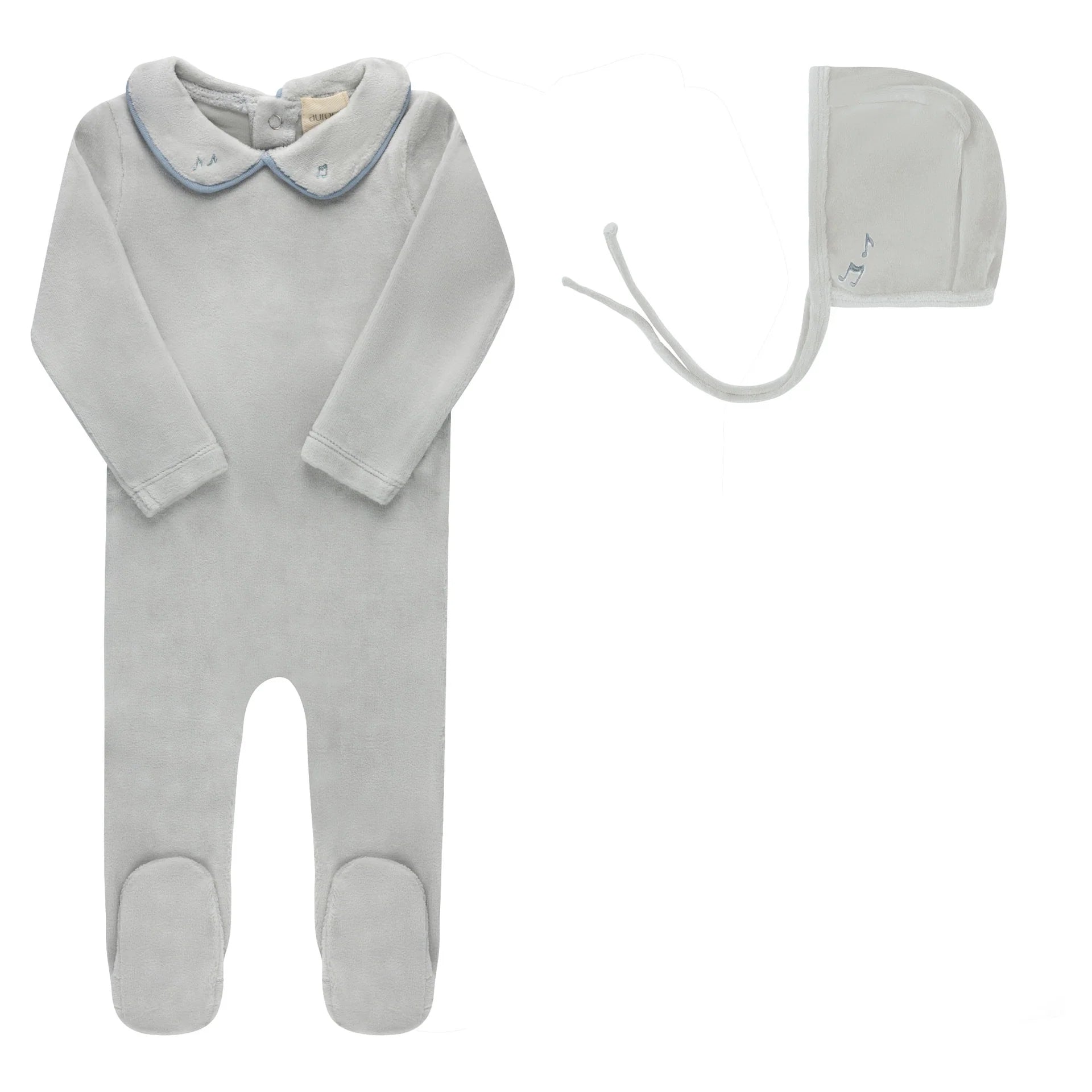 Aurora Embroidered Velour Collar Footie & Bonnet - Blue