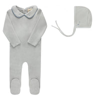 Aurora Embroidered Velour Collar Footie & Bonnet - Blue