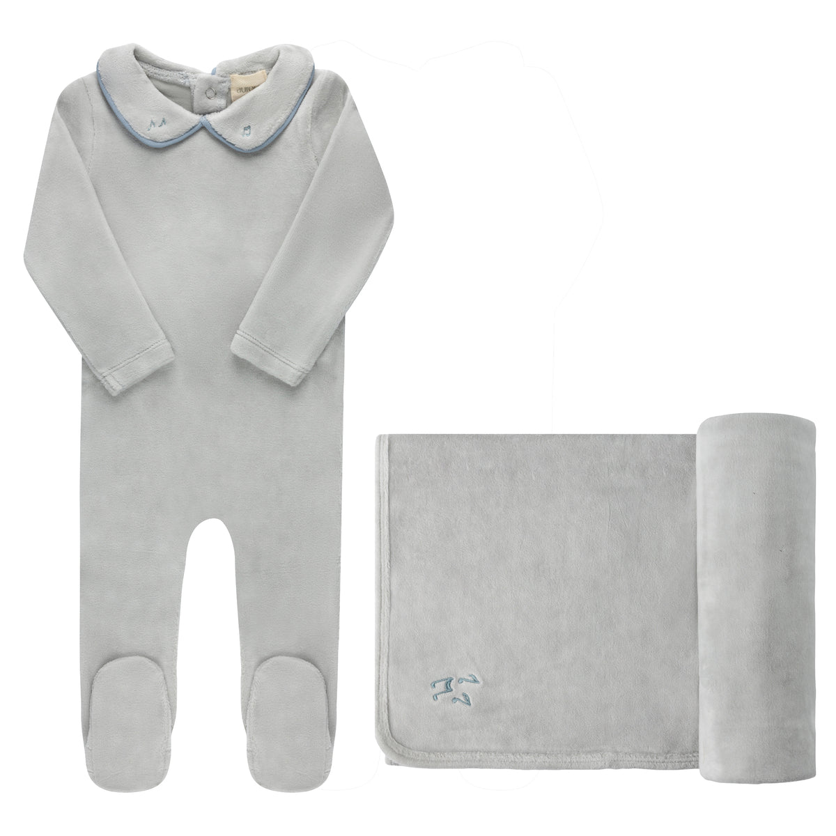 Aurora Embroidered Velour Collar Layette Set - Blue
