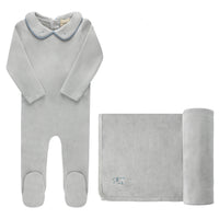 Aurora Embroidered Velour Collar Layette Set - Blue