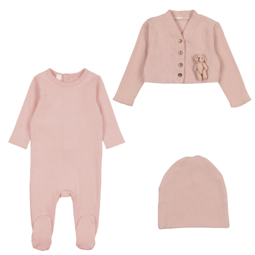 Bopop Ribbed Bear Cardigan, Footie & Hat Set