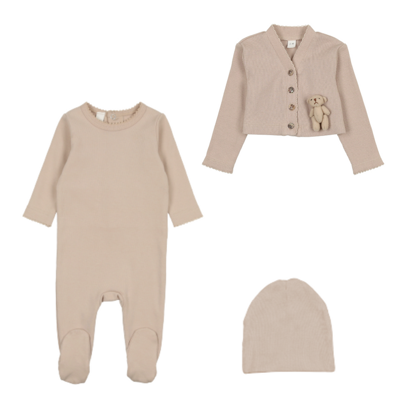 Bopop Velour Bear Cardigan, Footie & Hat Set