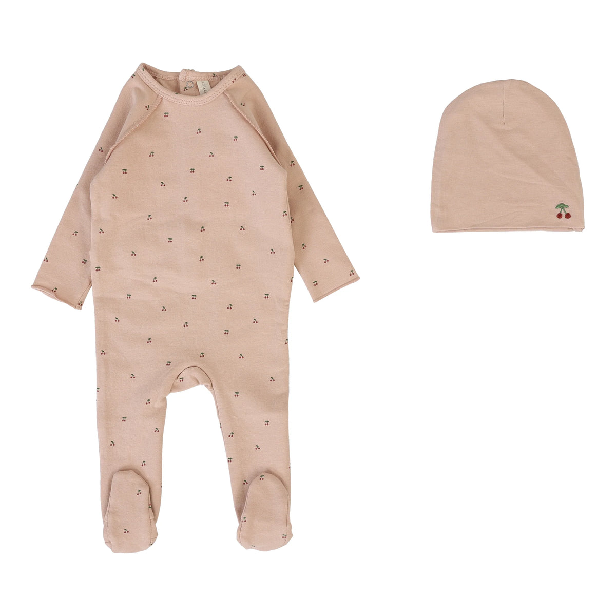 Lilette Cherry Print Footie & Hat - Dusty Pink