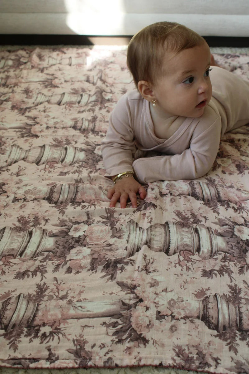 Little Threads Vintage Pink Floral Pillars Muslin Blanket