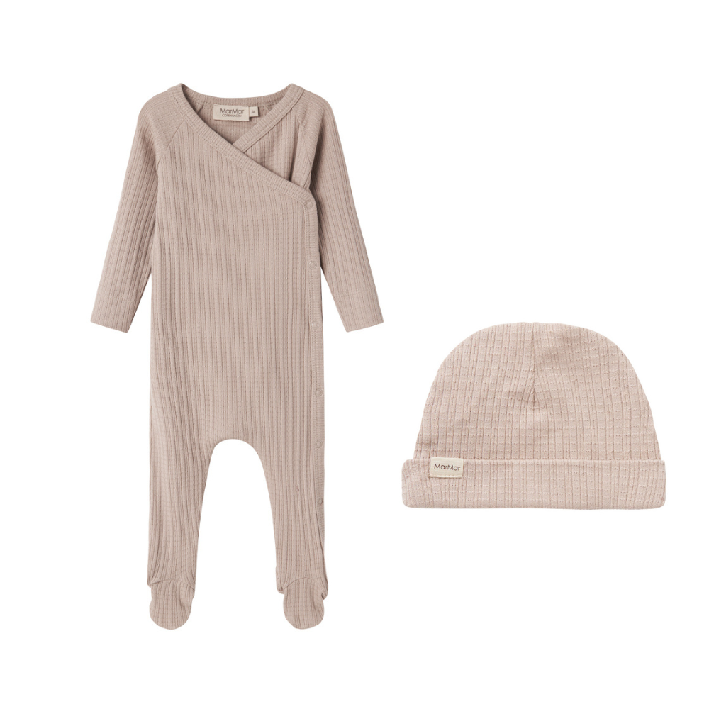 Marmar Textured Ribbed Pointelle Footie & Hat - Soft Beige
