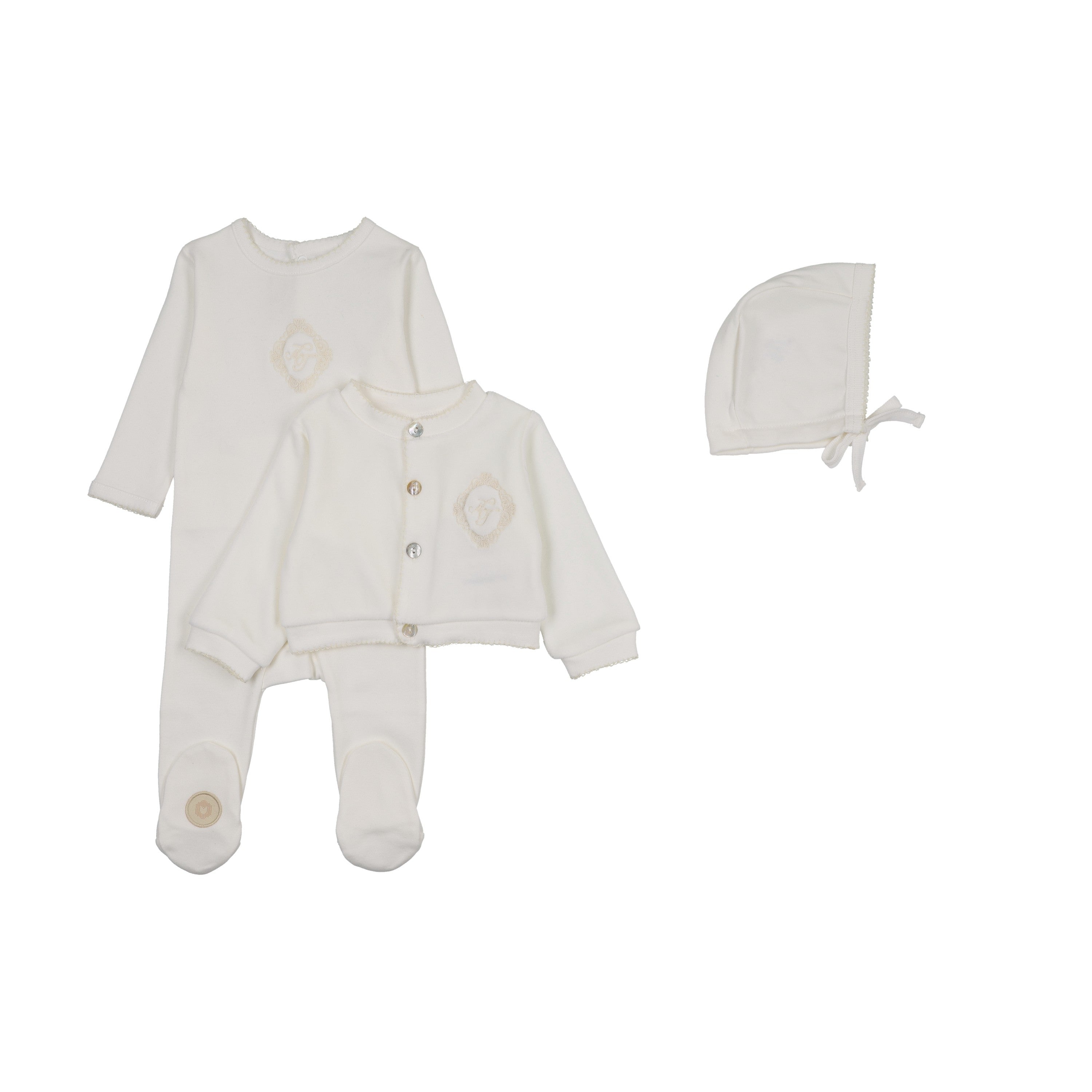 Mon Tresor Monogram Majesty Footie, Cardigan & Hat - Ivory