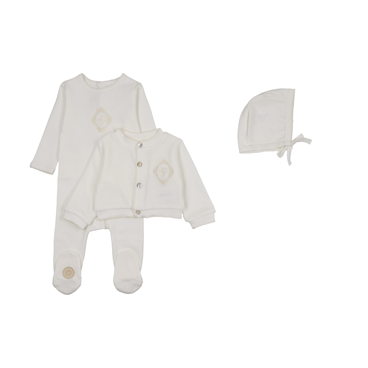 Mon Tresor Monogram Majesty Footie, Cardigan & Hat - Ivory