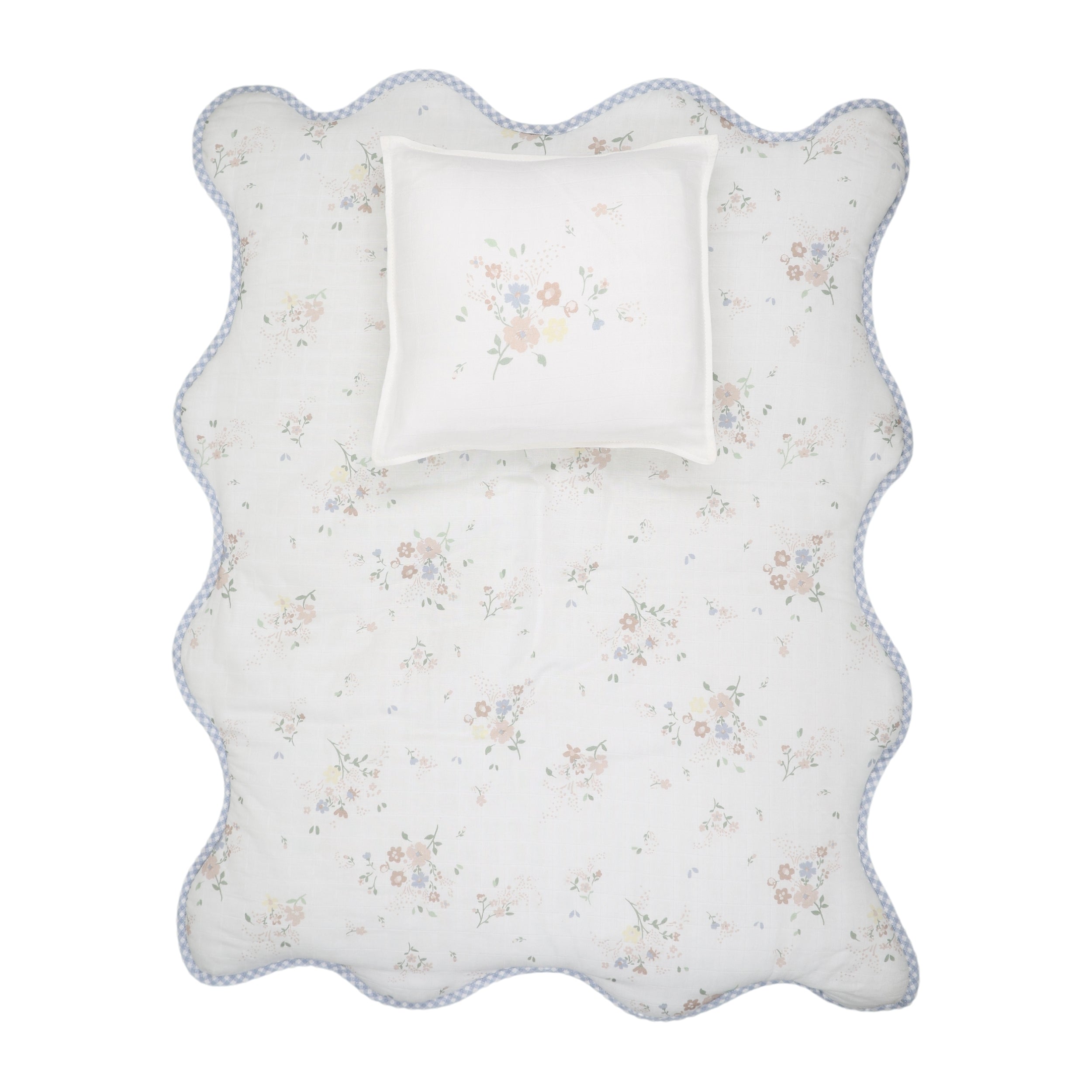 Peluche Gingham Floral Bamboo Filled Blanket + Pillow Case - Blue