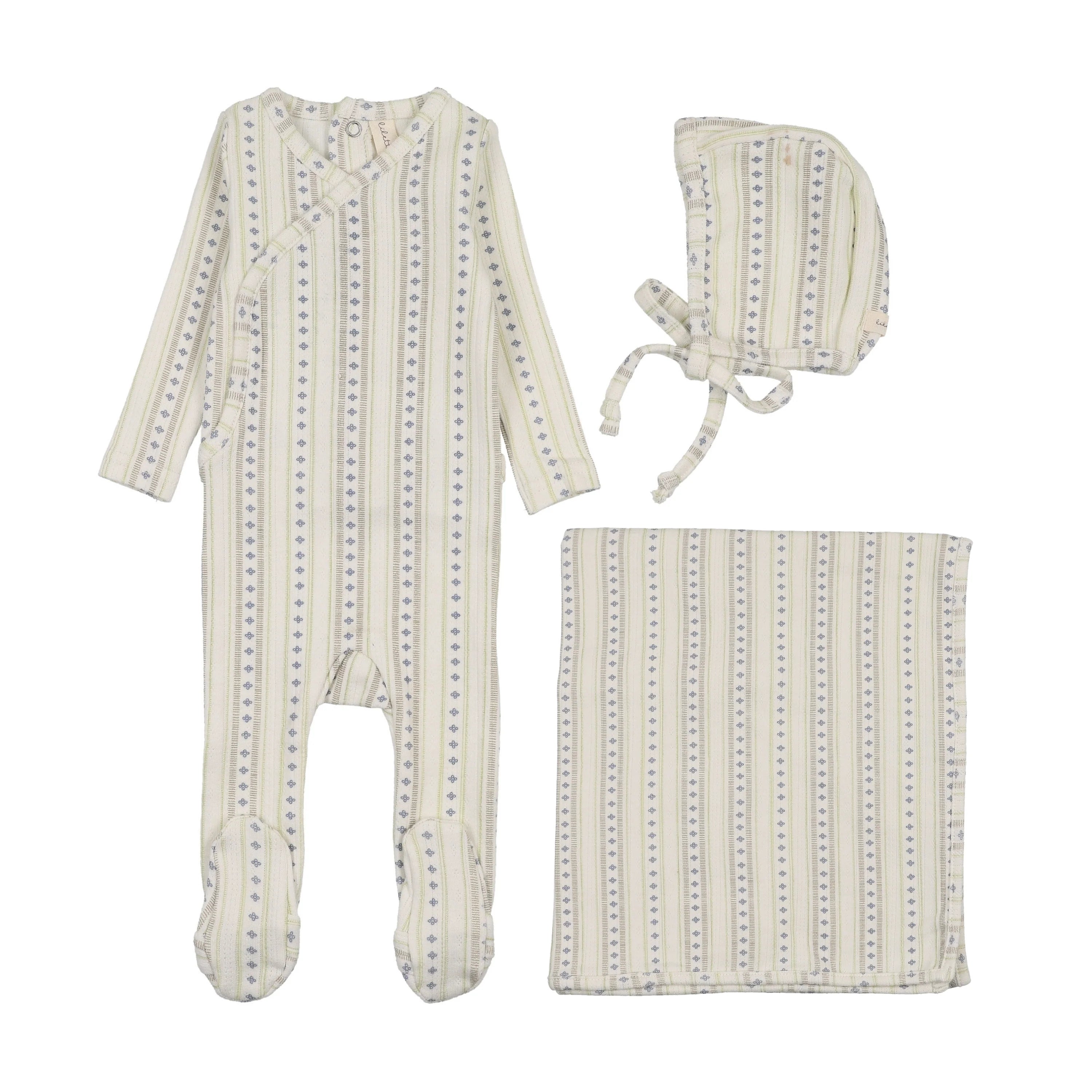 Lilette Linear Print Layette Set - Cream/Blue