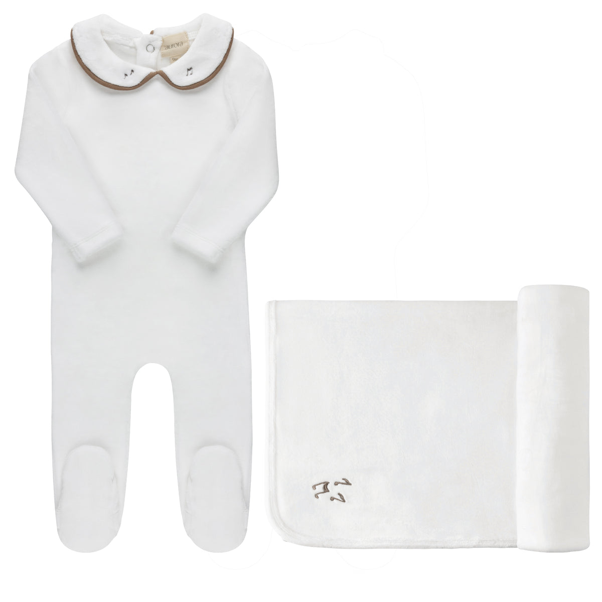 Aurora Embroidered Velour Collar Layette Set - Ivory/Brown