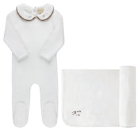 Aurora Embroidered Velour Collar Layette Set - Ivory/Brown