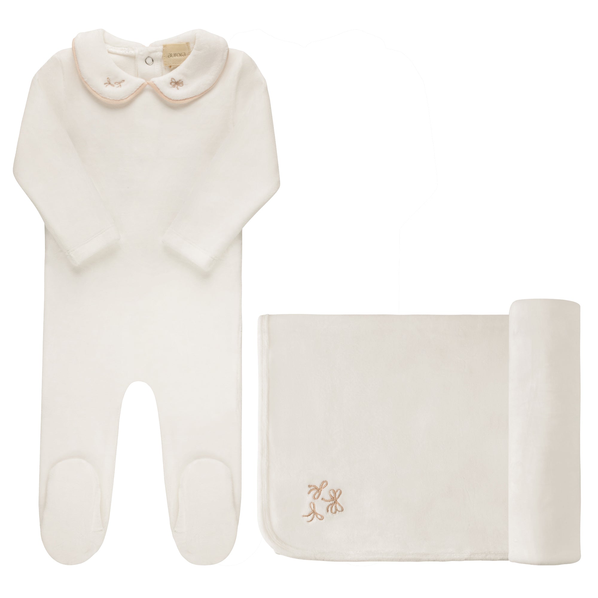 Aurora Embroidered Velour Collar Layette Set - Ivory Pink