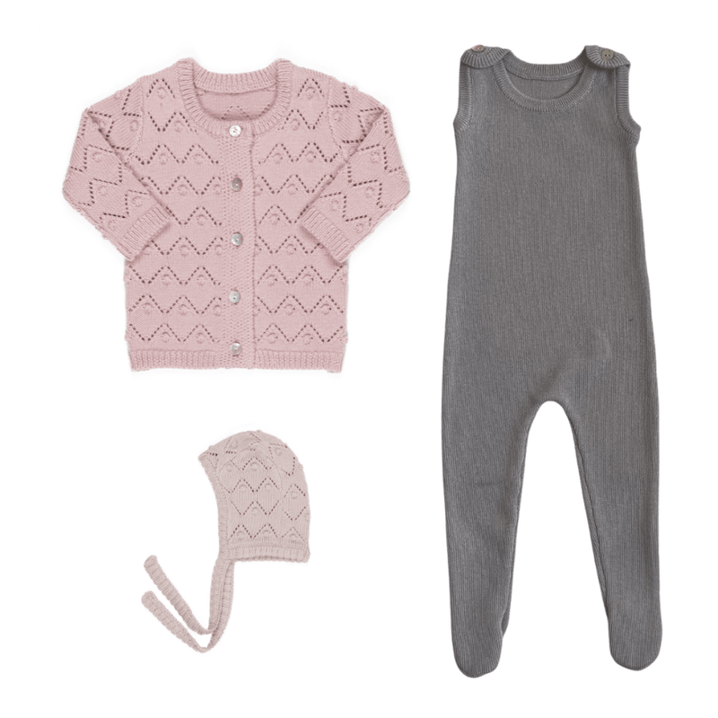 Kipp Rib Knit Overalls, Chunky Pointelle Cardigan & Bonnet Set