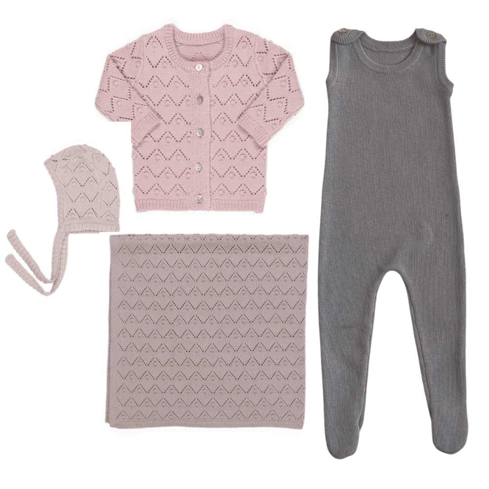 Kipp Rib Knit Overalls, Chunky Pointelle Cardigan & Bonnet W Blanket - Pink Kipp Rib Knit Overalls, Chunky Pointelle Cardigan & Bonnet W Blanket - Pink