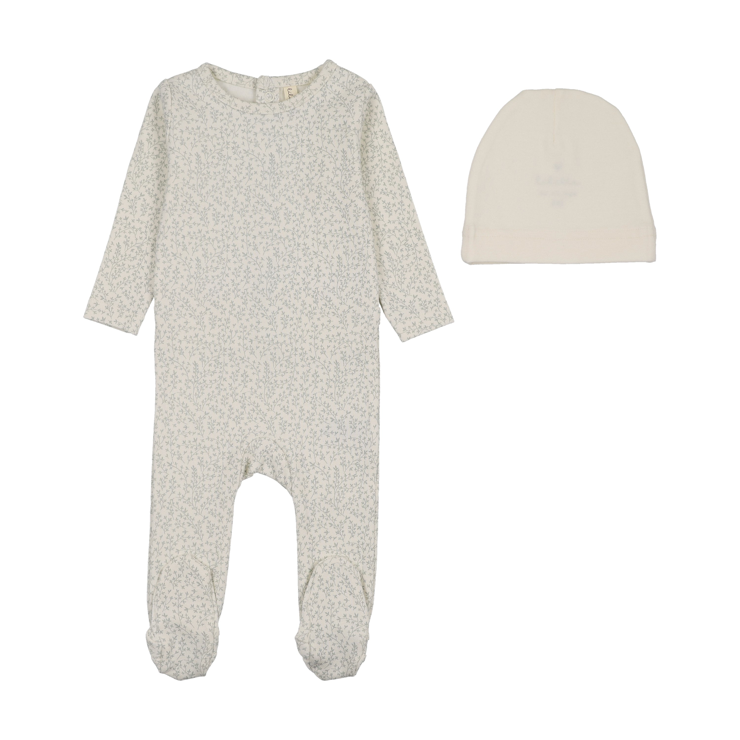 Lilette Leaf Trail Footie & Hat - Cream/Blue