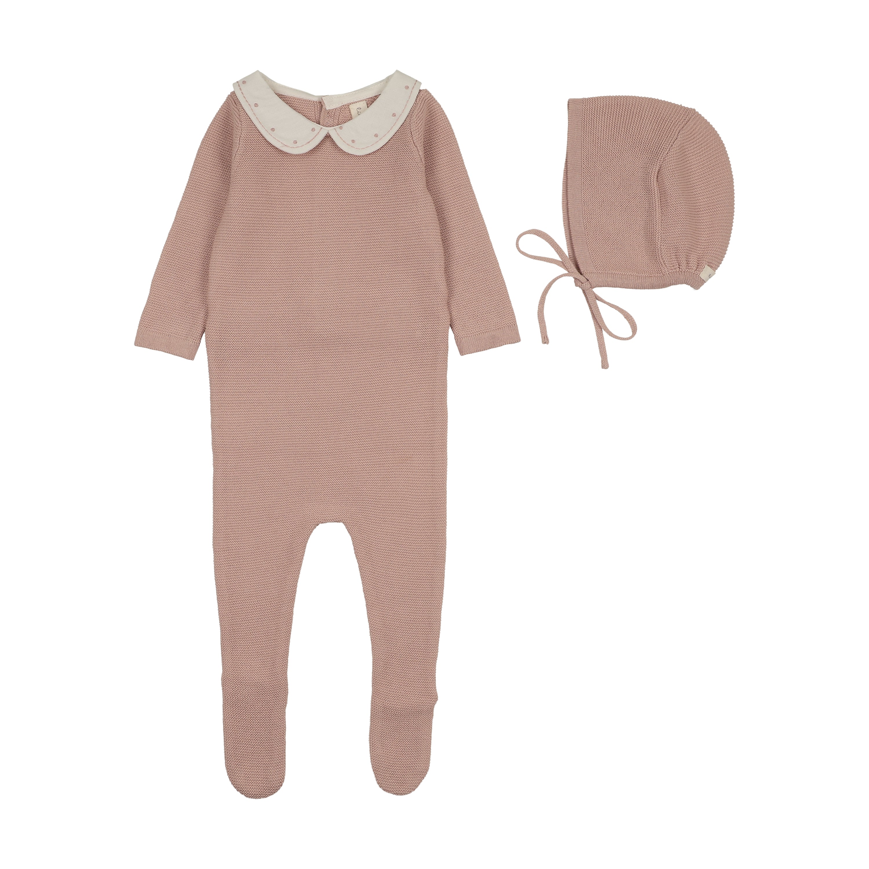 Lilette Embroidered Knit Collar Footie & Hat - Dusty Cream/Pink