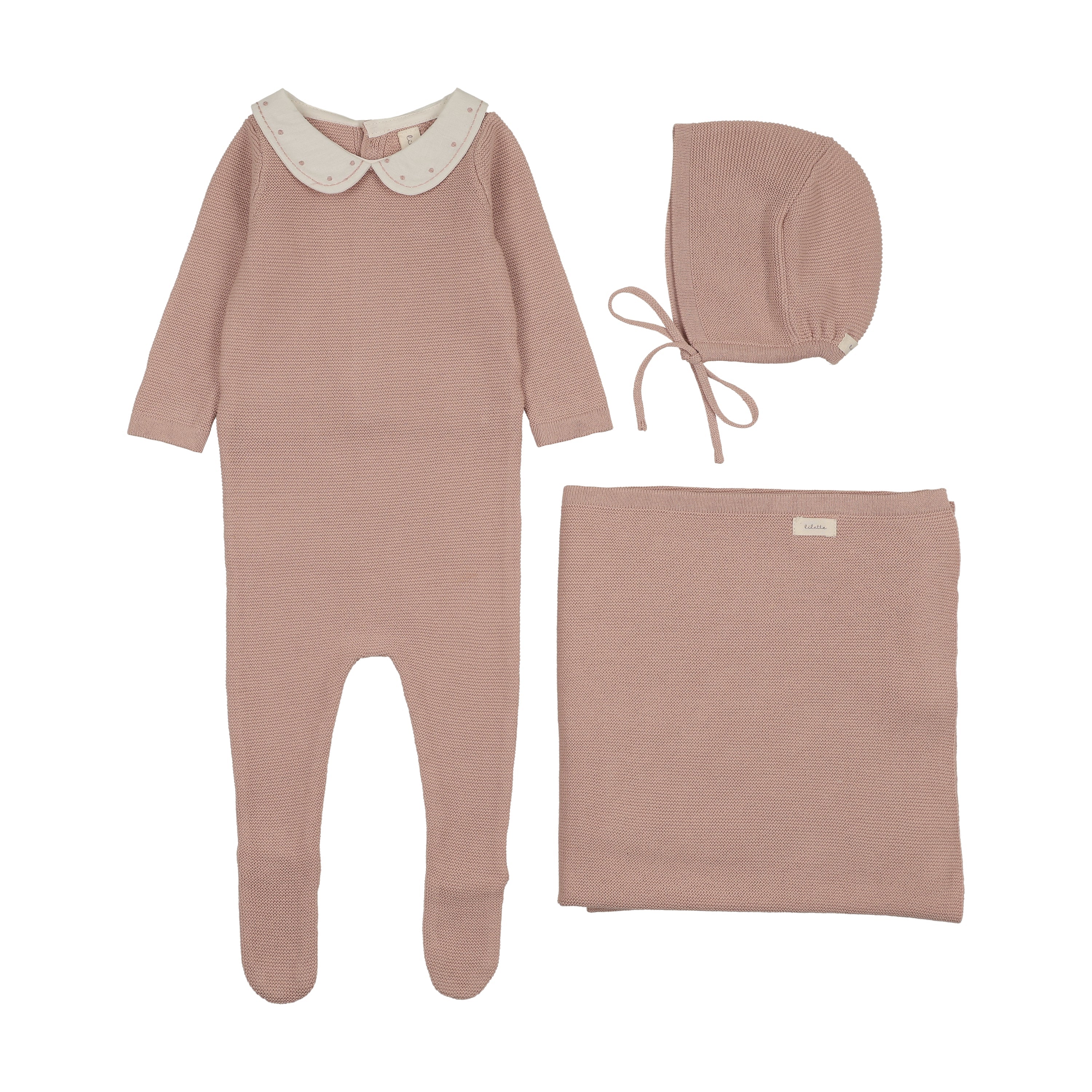 Lilette Embroidered Knit Collar Layette Set - Dusty Cream/Pink