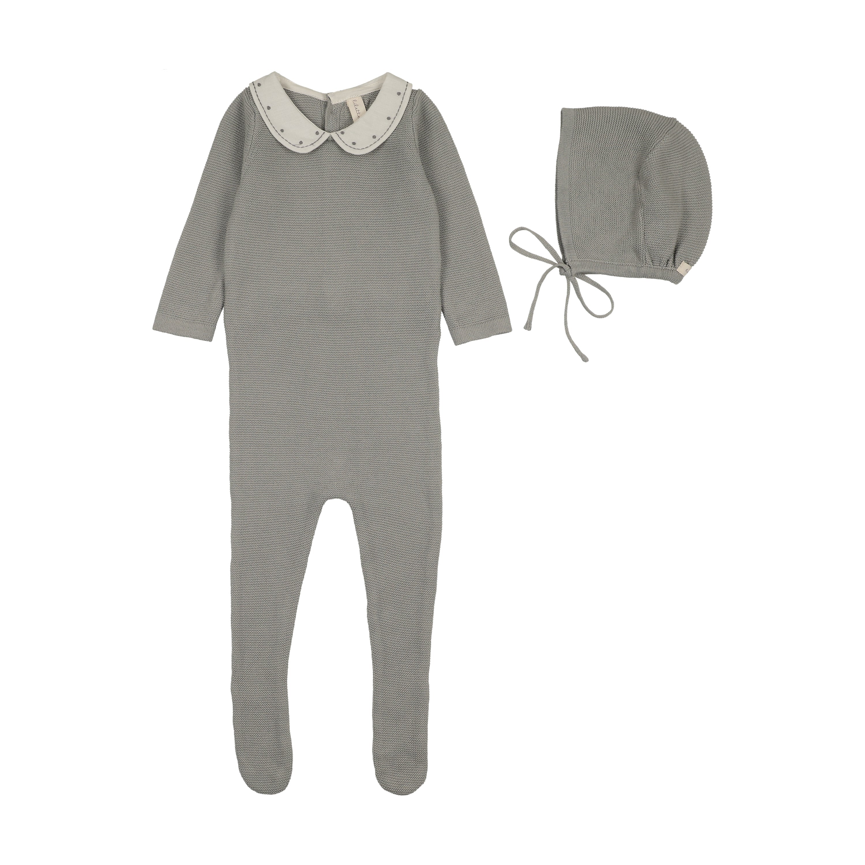 Lilette Embroidered Knit Collar Footie & Hat - Light Blue