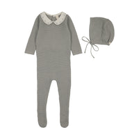 Lilette Embroidered Knit Collar Footie & Hat - Light Blue