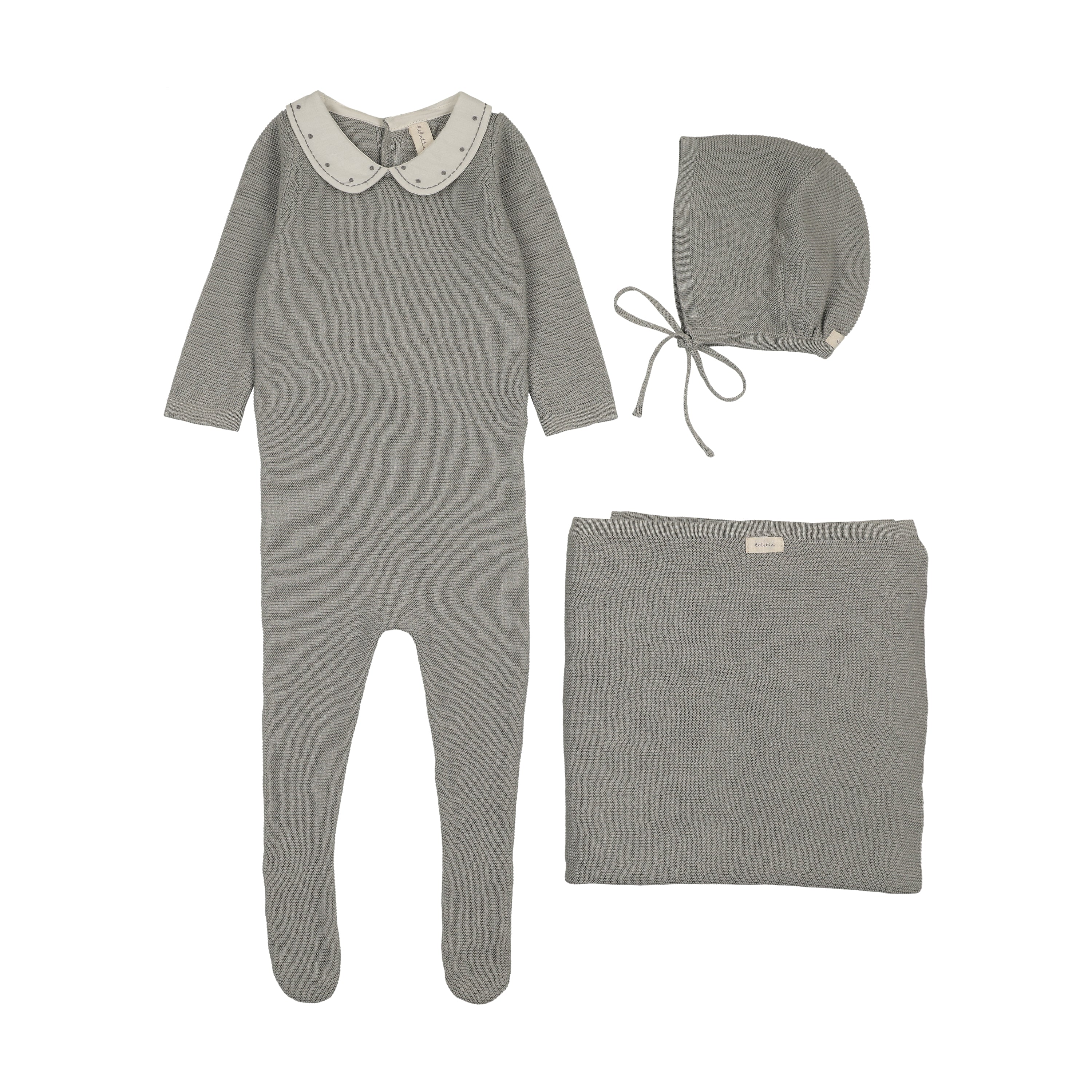 Lilette Embroidered Knit Collar Layette Set - Light Blue