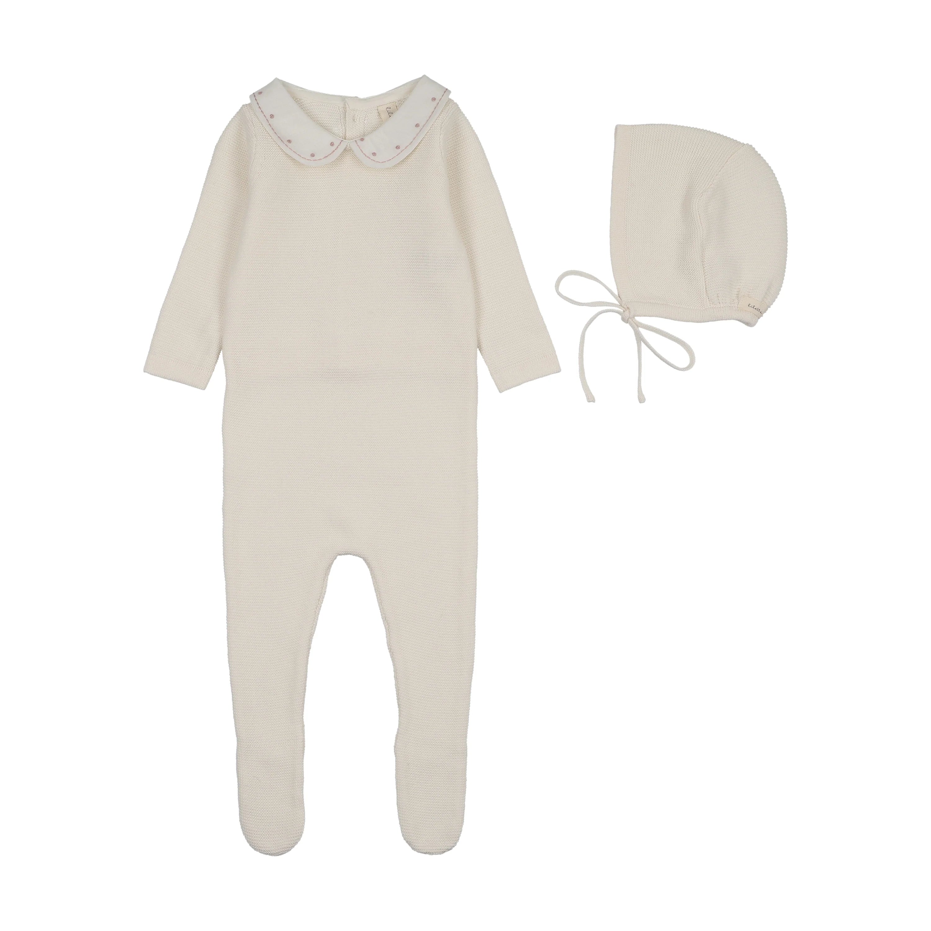 Lilette Embroidered Knit Collar Footie & Hat - Cream/Pink
