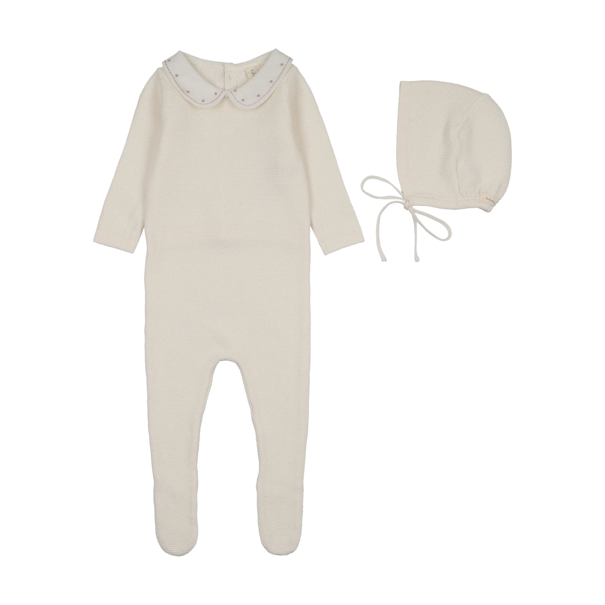 Lilette Embroidered Knit Collar Footie & Hat - Cream/Pink