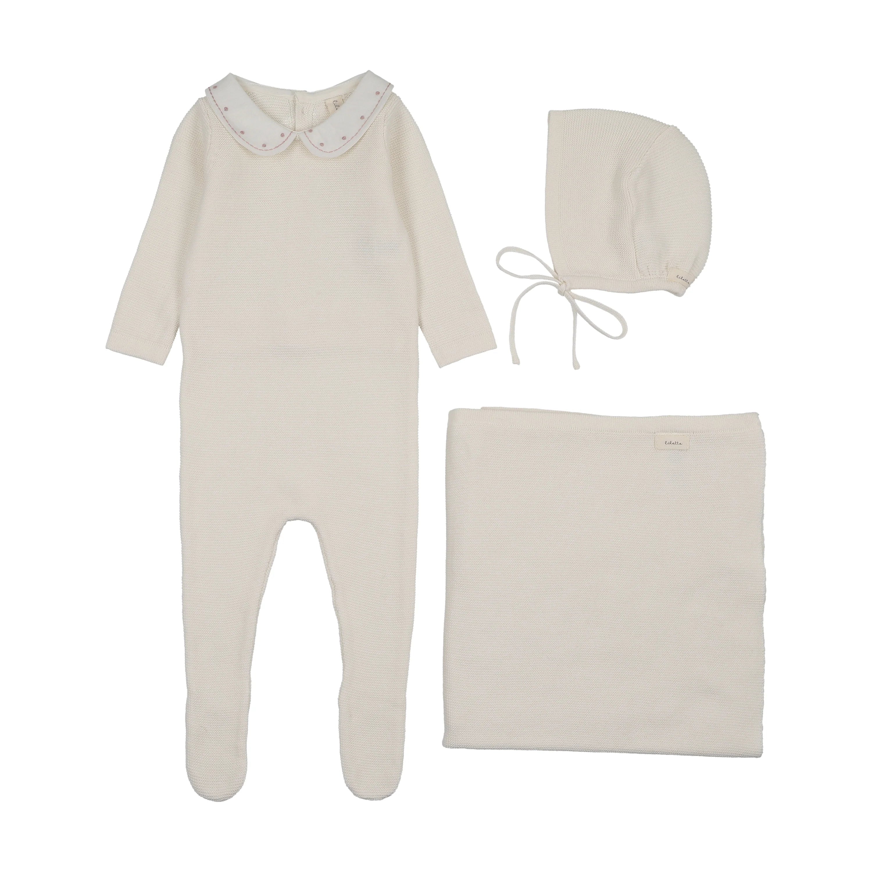 Lilette Embroidered Knit Collar Layette Set - Cream/Pink