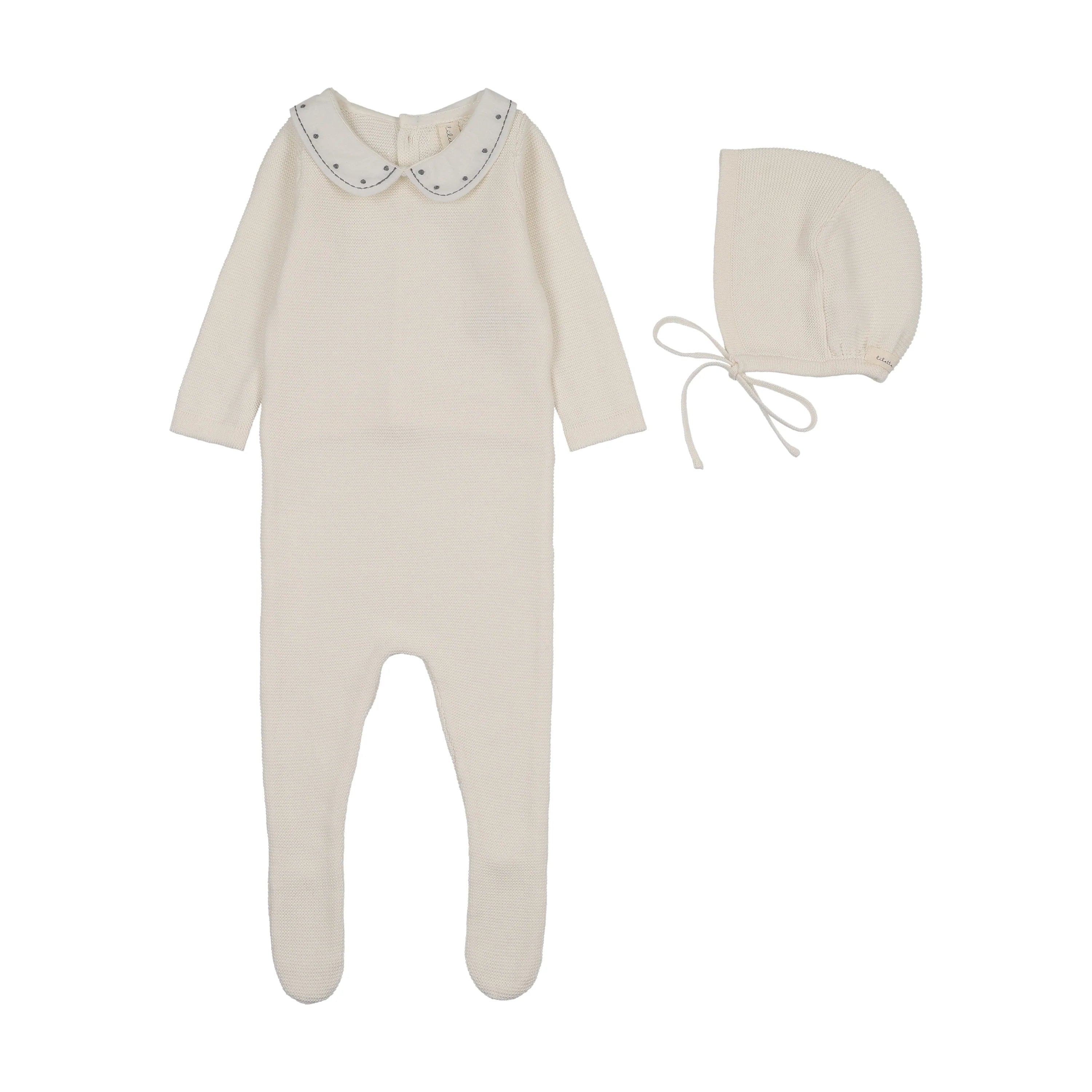 Lilette Embroidered Knit Collar Footie & Hat - Cream/Blue