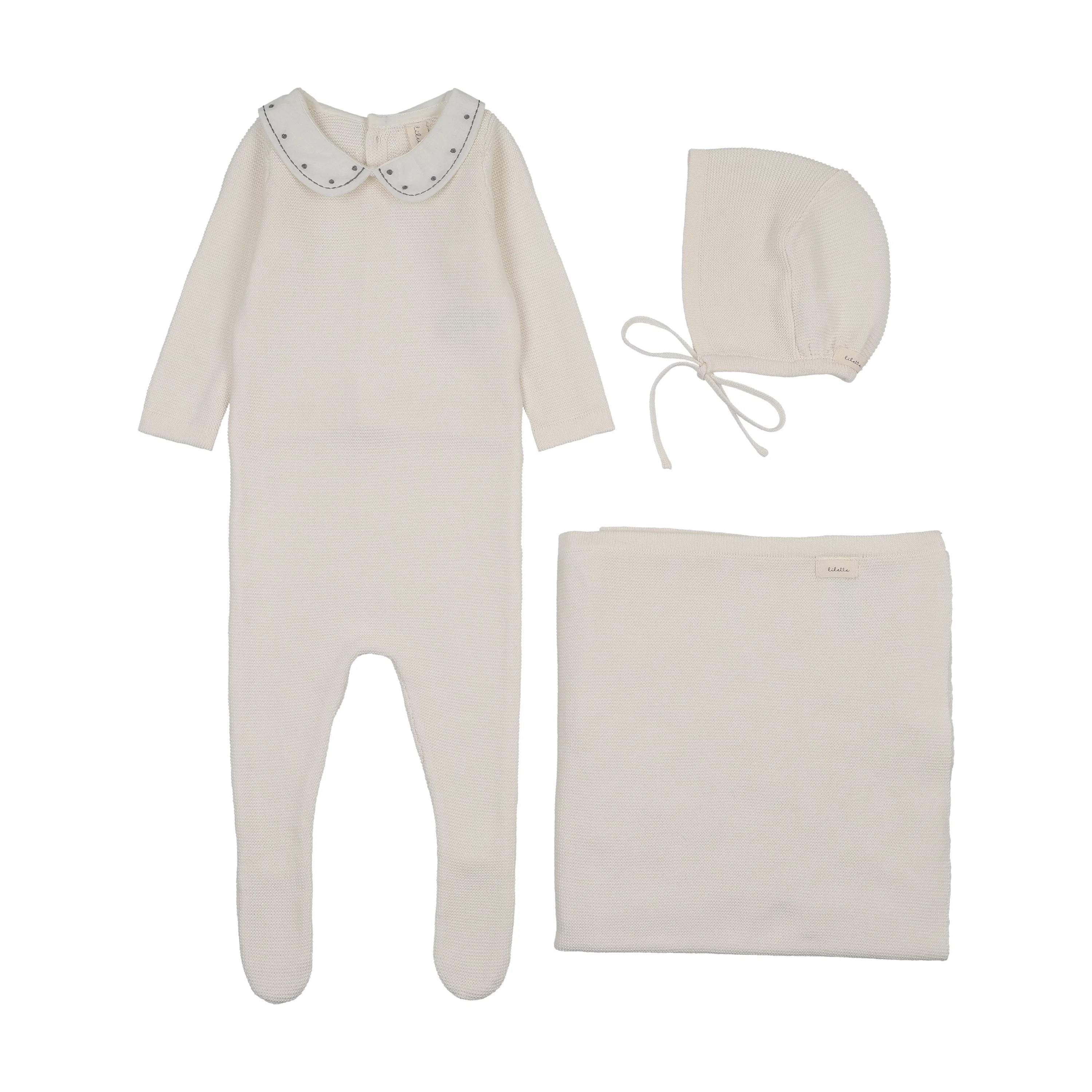 Lilette Embroidered Knit Collar Layette Set - Cream/Blue