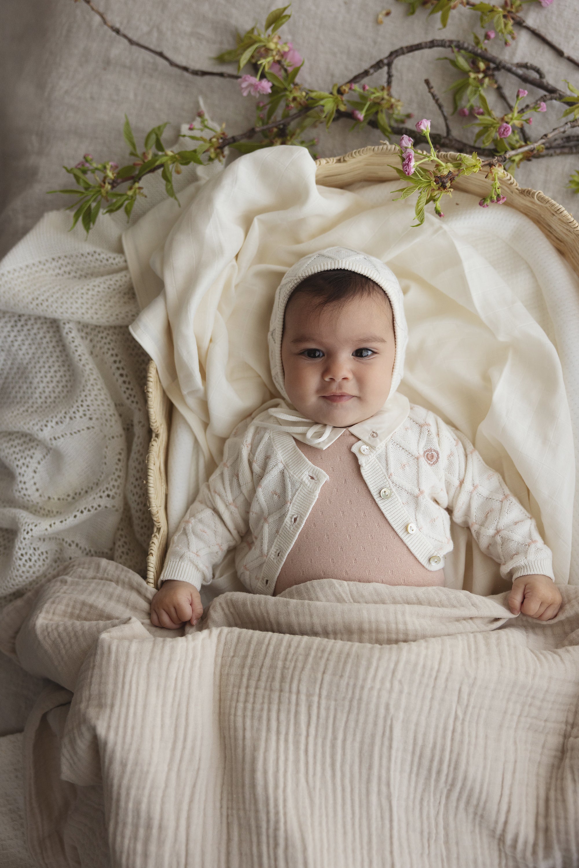 Lilette Sweetheart Knit Cardigan & Bonnet - Cream/Dusty Pink