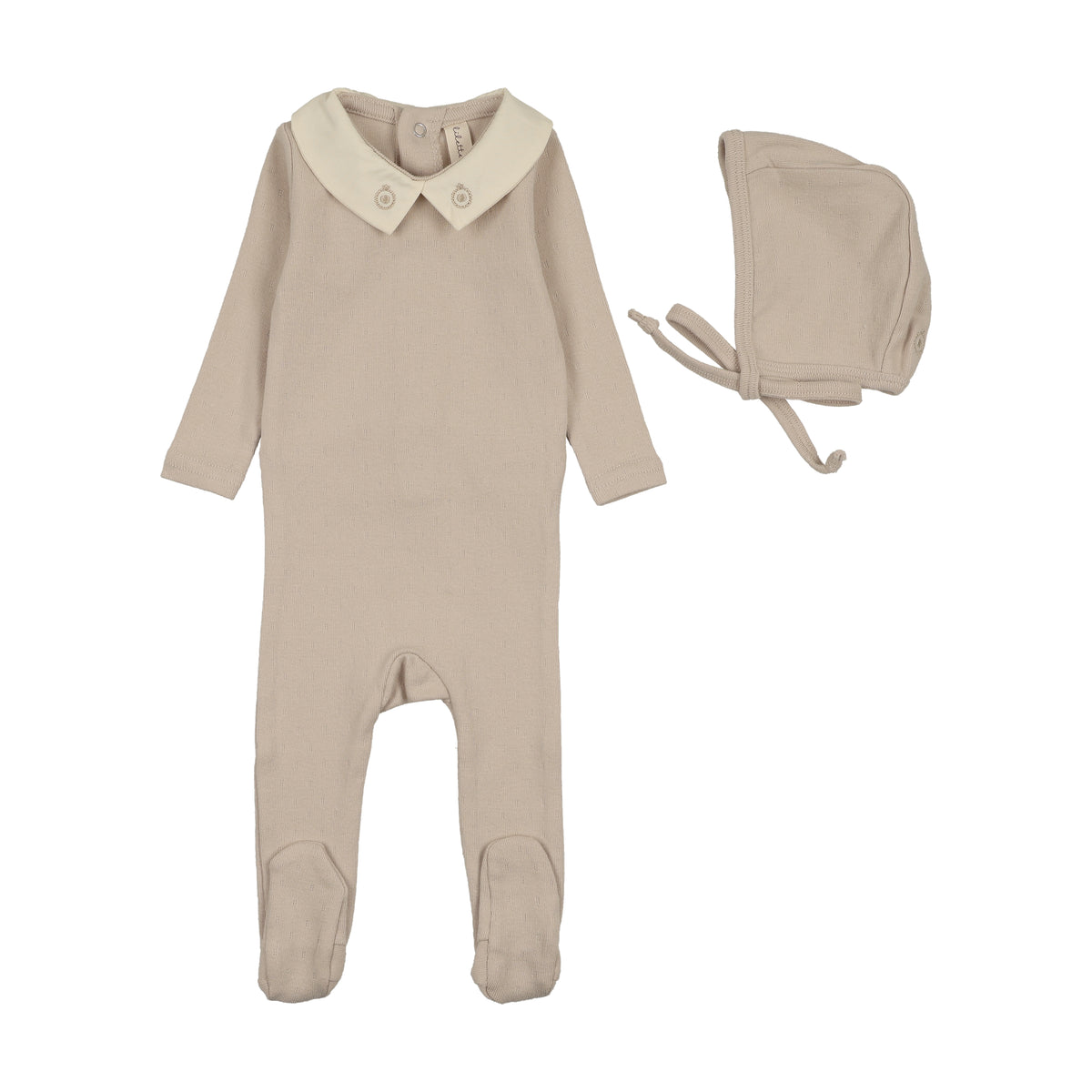 Lilette Sweetheart Collar Footie & Hat - Cream/Taupe