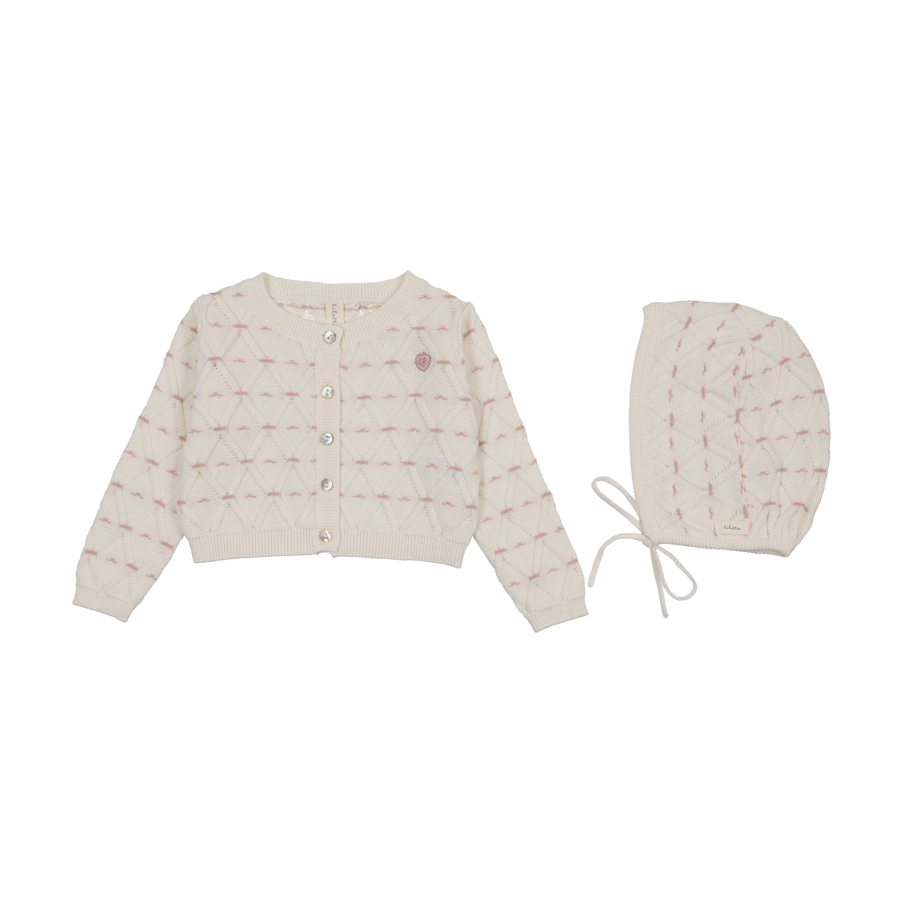 Lilette Sweetheart Knit Cardigan & Bonnet - Cream/Dusty Pink