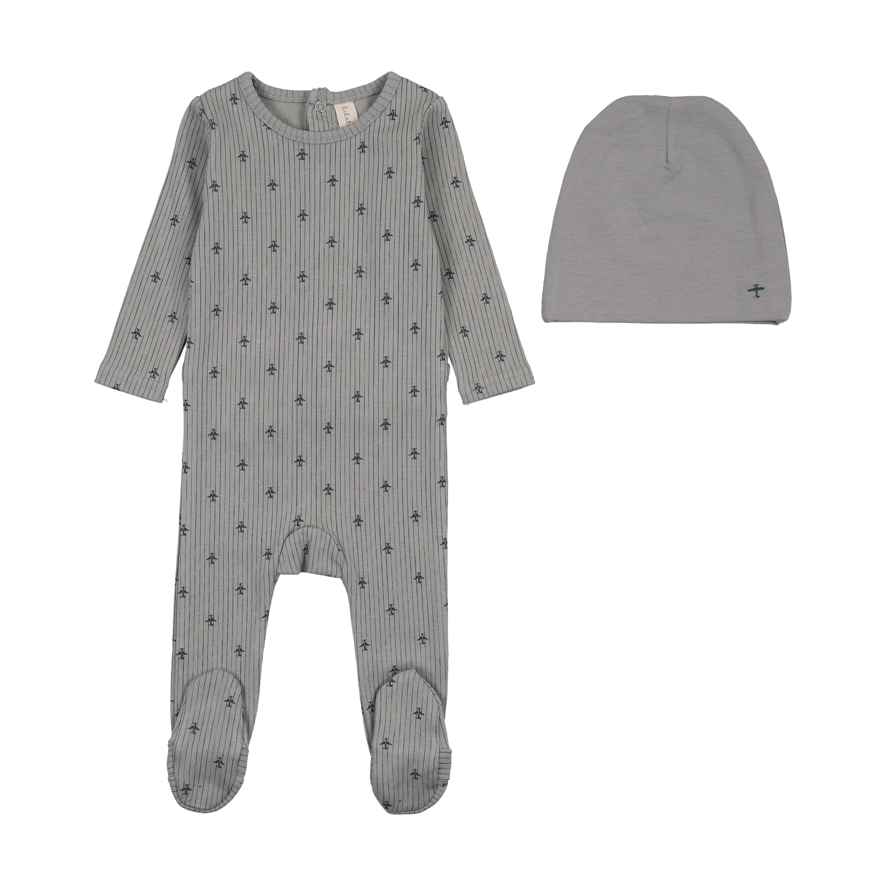 Lilette Striped Planes Footie & Hat - Light Blue/Off Navy