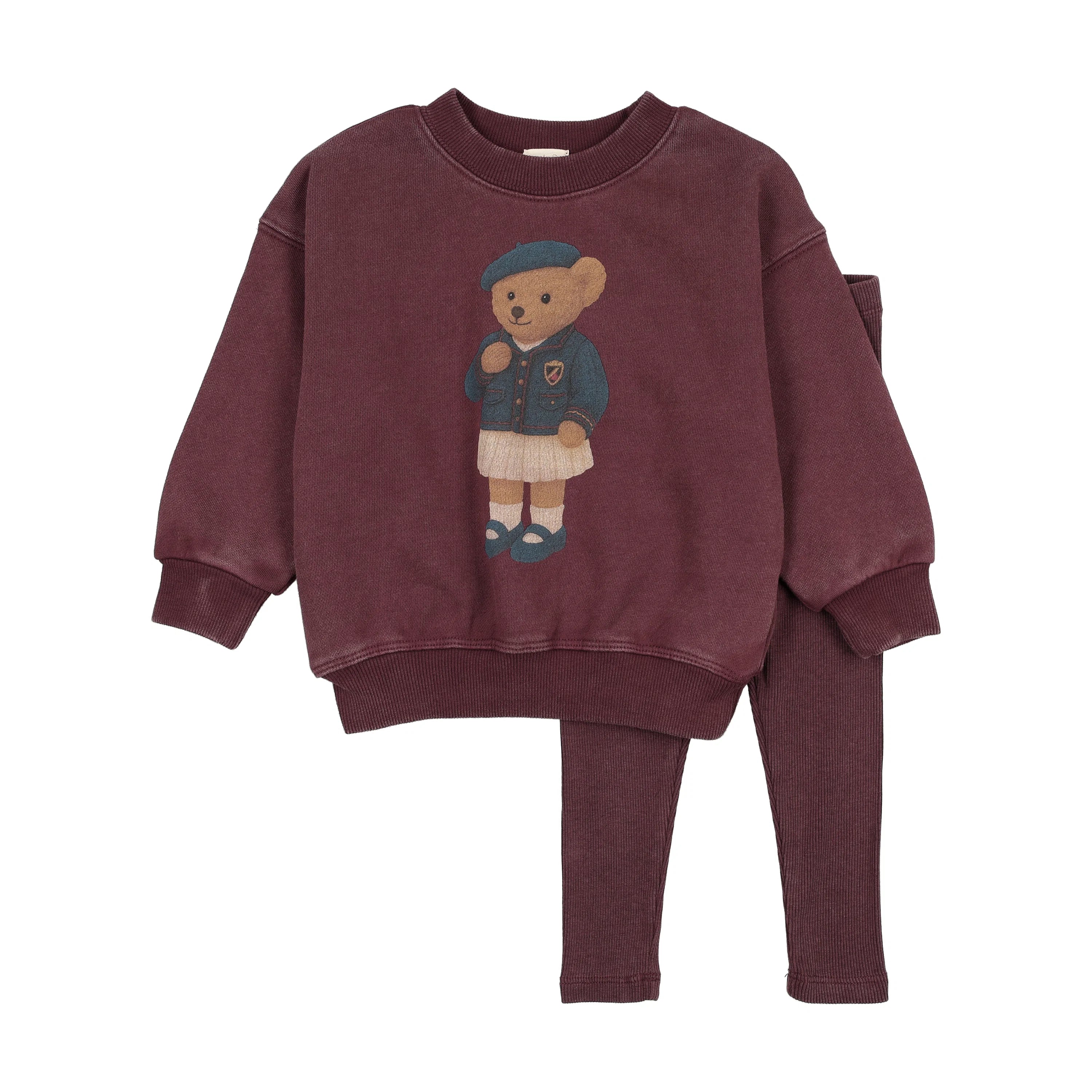 Analogie Bear Sweatshirt Top & Pants - Washed Burgundy