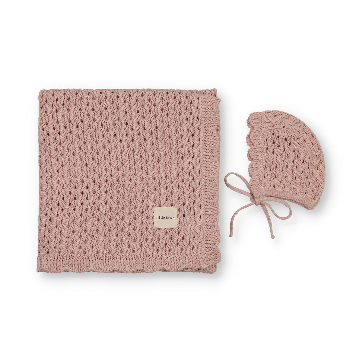 Little Fawn Knit Scalloped Edge Blanket & Bonnet -Pink