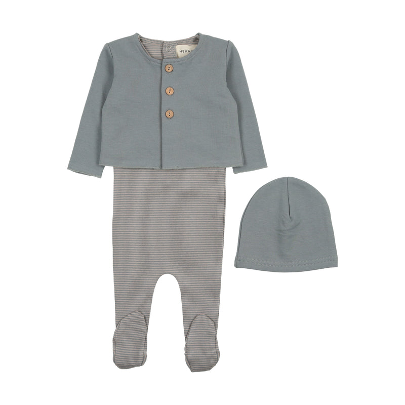 Mema Knits Striped Footie With Cardigan + Beanie